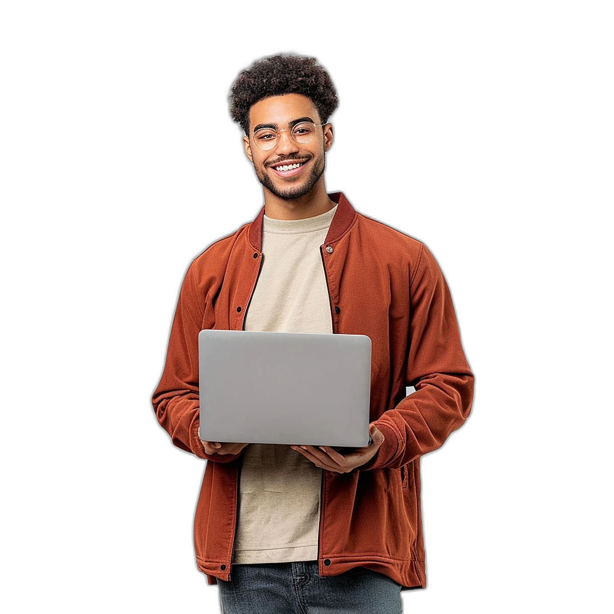 Smiling professional using Credit Genie cash advance app on laptop